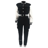 Casual Two Piece Set Color Block Bomber Jacket Multiple Pockets Pants Outfits Women Clothes