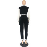 Casual Two Piece Set Color Block Bomber Jacket Multiple Pockets Pants Outfits Women Clothes