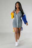 Solid Color Zipper Patchwork Sleeves Pleated Bandage Hoodie Mini Dresses
