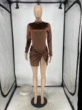 Women Sexy 2 Piece Skirt Outfits Velvet Bodysuit Long Sleeve Leotard Ruched Slit Mini Dress Sets Clubwear