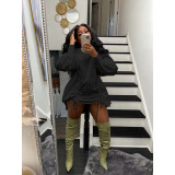 Famous Brand Dress Solid Bandage High Neck Long Sleeve Spring Autumn Casual Loose Mini Dress