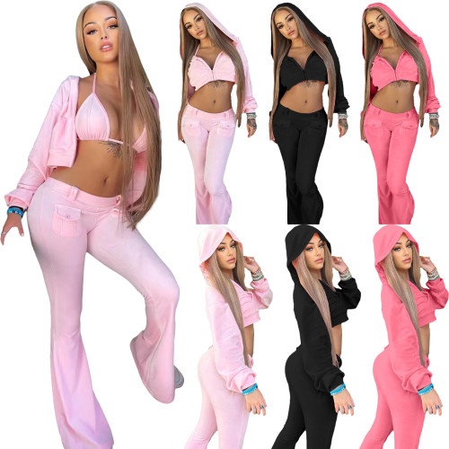 Solid Color Three Piece Set Zipper Hoodie Crop Tops Micro-flared Pants with Bra