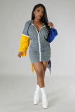 Solid Color Zipper Patchwork Sleeves Pleated Bandage Hoodie Mini Dresses