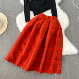 Fashion Women's Set Long Sleeve Knitted Tops High-waisted A-line Skirt