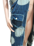 2023 Fashion Wash Stitching Multi-Pocket Chain Decoration Loose Sleeveless Long Slit Denim Jacket