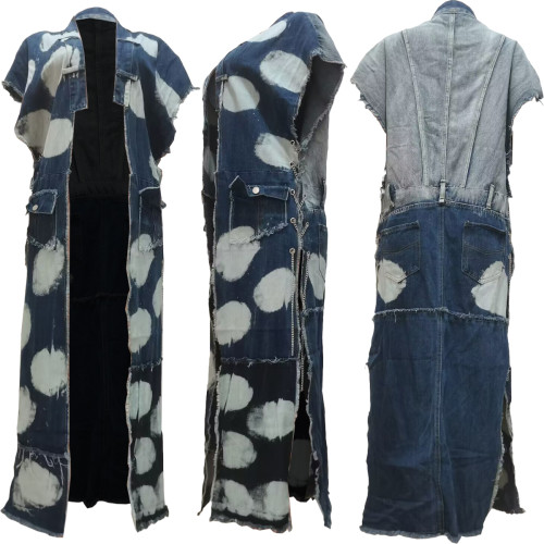 2023 Fashion Wash Stitching Multi-Pocket Chain Decoration Loose Sleeveless Long Slit Denim Jacket