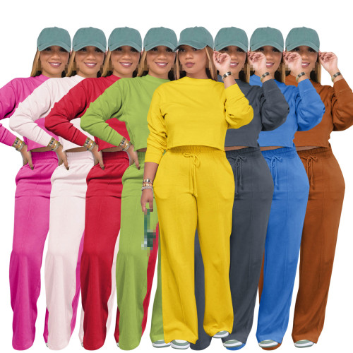 Solid Color Long Sleeve Loose Sports Sweatshirt Two Piece Pants Set