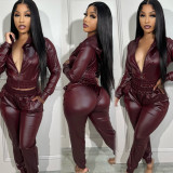 Sexy Women PU Leather Sets Hooded Jacket and Pencil Pants  Casual Skinny 2 Two Piece Outfits 2023