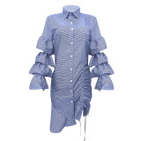 Striped Irregular Drawstring Shirt Dress Women Layered Ruffles Sleeve Button Up Knee-length Midi Dresses