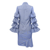 Striped Irregular Drawstring Shirt Dress Women Layered Ruffles Sleeve Button Up Knee-length Midi Dresses