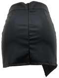 High Waist Irregular Slit PU Leather Bodycon Skirt with Zipper