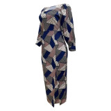 Blue Printed Plaid Long Sleeve Slit Midi Dress