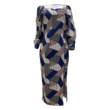 Blue Printed Plaid Long Sleeve Slit Midi Dress