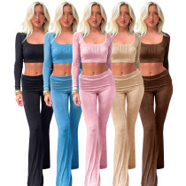 Fashion 2 Piece Solid Color Square Neck Top Turn-Up Low-Waist Flared Pants
