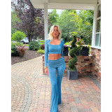 Fashion 2 Piece Solid Color Square Neck Top Turn-Up Low-Waist Flared Pants