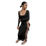 Women Long Sleeve Square Neck Hollowed Out Cut Out Dress Sexy Party Club Dress