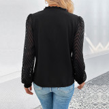 Black Woven Long Sleeve V Neck Shirt Top