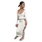 Women Long Sleeve Square Neck Hollowed Out Cut Out Dress Sexy Party Club Dress