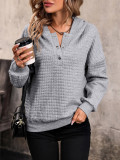 Women Hoodie Light Gray Long Sleeves Buttons Polyester Hooded Sweatshirt