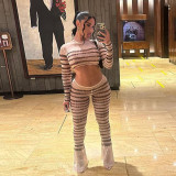 Sexy Mesh See Through Printed Striped Crop Top High Waist Trousers 2 Piece