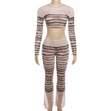 Sexy Mesh See Through Printed Striped Crop Top High Waist Trousers 2 Piece