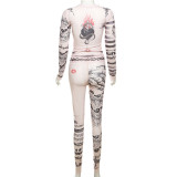 Sexy Mesh See Through Printed Tight Long Sleeve Top High-waisted Trousers