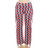Casual High Waisted Knitted Tassel Contrasting Flared Pants
