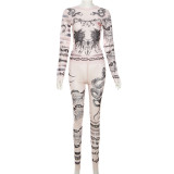 Sexy Mesh See Through Printed Tight Long Sleeve Top High-waisted Trousers