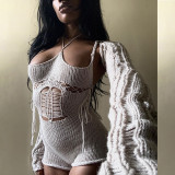 Knitted Hollow Out Y2K  2023 Women Sexy Rompers Elegant Luxury Bodycon One Piece Crocheted Bandage Playsuits