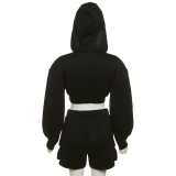 Solid Color Sports Casual Long Sleeve Hooded Top High Waist Shorts Set