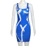 Fashion Blue Graphic Bodycon Short Dress Club Party Clothing For Woman 2023 New Sexy Backless Sleeveless Mini Dress