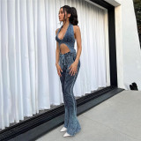 Fashion Knit Patchwork Women's Set Halter Neck Crop Top and Flare Pants 2023 INS Two 2 Piece Set Outfit Tracksuit
