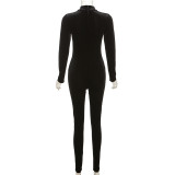 2023 Autumn Women's High Neck Tight Long Sleeve Velvet High Waist Solid Color Jumpsuit