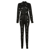 Knit Hollow Out Holes Jumpsuits Women Sexy Stand Collar Long Sleeve Back Bandage One Piece