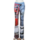 Print Women Pants Hipster Y2K Autumn Stylish Casual Wild Trousers Stretch Skinny Basic Streetwear Slim Bottoms