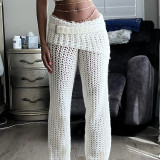 Hollow Out Crochet Knitted 2 Piece Set Women Sexy One Shoulder Sleeveless Vests Crop Top Straight Pants Casual Streetwear Suits