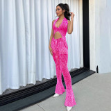 Fashion Knit Patchwork Women's Set Halter Neck Crop Top and Flare Pants 2023 INS Two 2 Piece Set Outfit Tracksuit