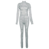Knit Hollow Out Holes Jumpsuits Women Sexy Stand Collar Long Sleeve Back Bandage One Piece