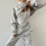 Casual Three Piece Set Hooded Sweatshirt Pants Sets With Vest