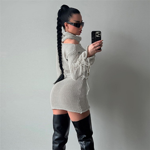 Knit Women 2 Piece Set Bandage Long Sleeve Turtleneck Collar Crop Tops+Mini Skirts Matching Streetwear Outfits