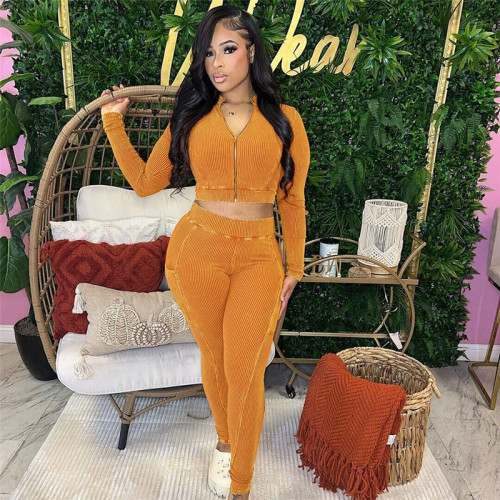 Casual Solid 2 Piece Set Women Mock Neck Long Sleeve Zip Crop Jacket and Pocket Pencil Pants Matched Fall 2023 Tracksuits