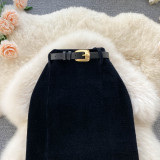Lady Casual Midi Corduroy Skirt A-line Pencil Skirt Side Slit with Belt Retro