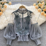 2 PCS Women T-shirt&tank Top Sets Lace 3D Floral Mesh Puff Sleeve Blouse