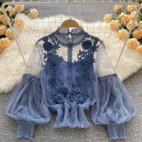 2 PCS Women T-shirt&tank Top Sets Lace 3D Floral Mesh Puff Sleeve Blouse