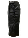 Black Mid-length PU Buckle Slit Leather Skirts Casual Leather Skirt with Belt