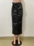Black Mid-length PU Buckle Slit Leather Skirts Casual Leather Skirt with Belt