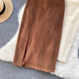 Lady Casual Midi Corduroy Skirt A-line Pencil Skirt Side Slit with Belt Retro