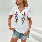 Floral Embroidery Guipure Lace Trim Butterfly Sleeve Blouse