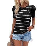 Striped Contrast Lace Puff Sleeve Tee