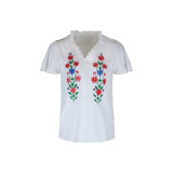 Floral Embroidery Guipure Lace Trim Butterfly Sleeve Blouse